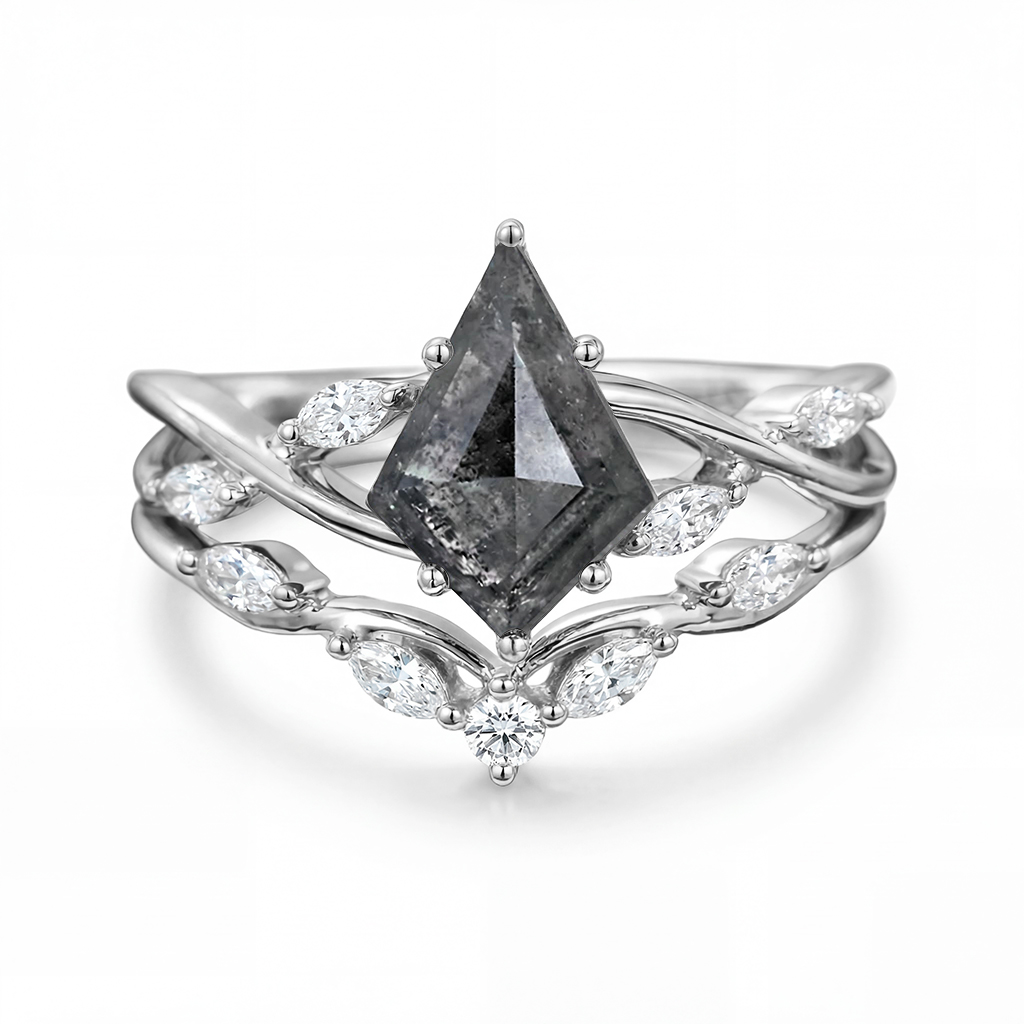 2.01CT Kite Cut Salt & Pepper Diamond with Marquise Cut Moissanite Accented S925 Silver Engagement Ring Set