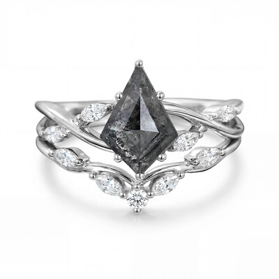 2.01CT Kite Cut Salt & Pepper Diamond with Marquise Cut Moissanite Accented S925 Silver Engagement Ring Set