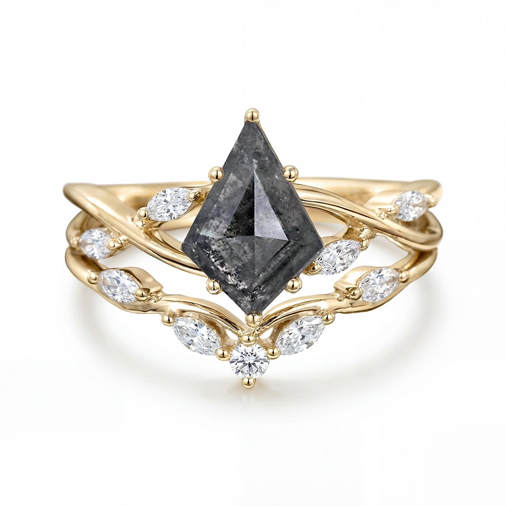 2.01CT Kite Cut Salt & Pepper Diamond with Marquise Cut Moissanite Accented S925 Silver Engagement Ring Set