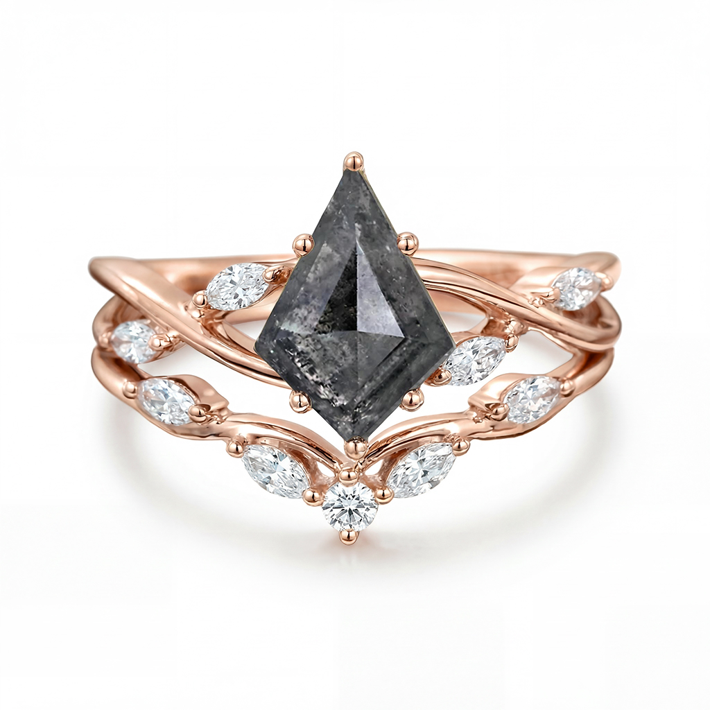 2.01CT Kite Cut Salt & Pepper Diamond with Marquise Cut Moissanite Accented S925 Silver Engagement Ring Set