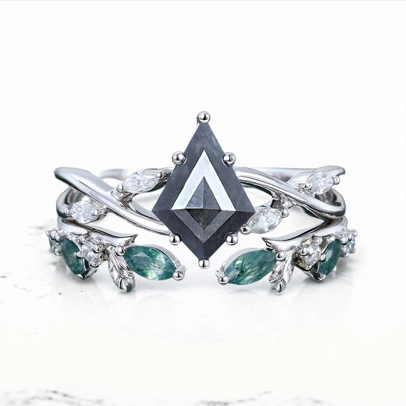 2.14CT Kite Cut Salt & Pepper Diamond with Marquise Cut Moissanite Accented S925 Silver Engagement Ring Set