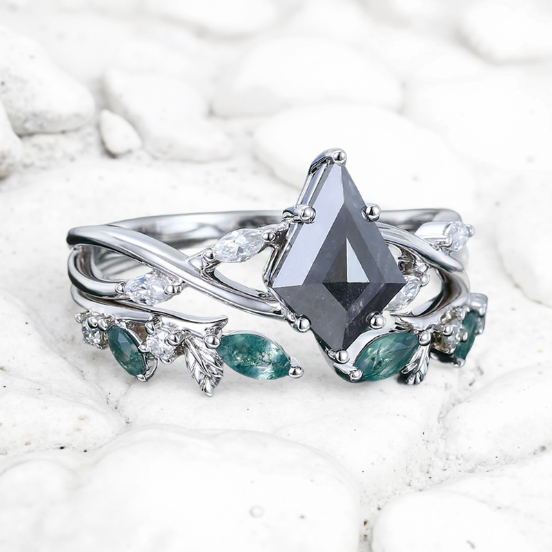 2.14CT Kite Cut Salt & Pepper Diamond with Marquise Cut Moissanite Accented S925 Silver Engagement Ring Set