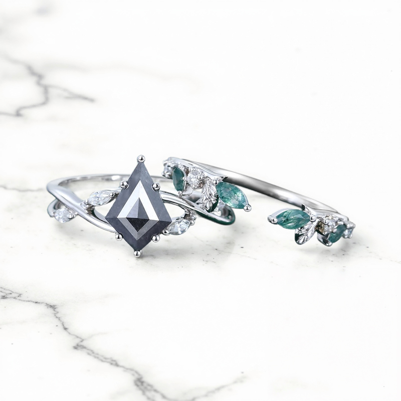 2.14CT Kite Cut Salt & Pepper Diamond with Marquise Cut Moissanite Accented S925 Silver Engagement Ring Set