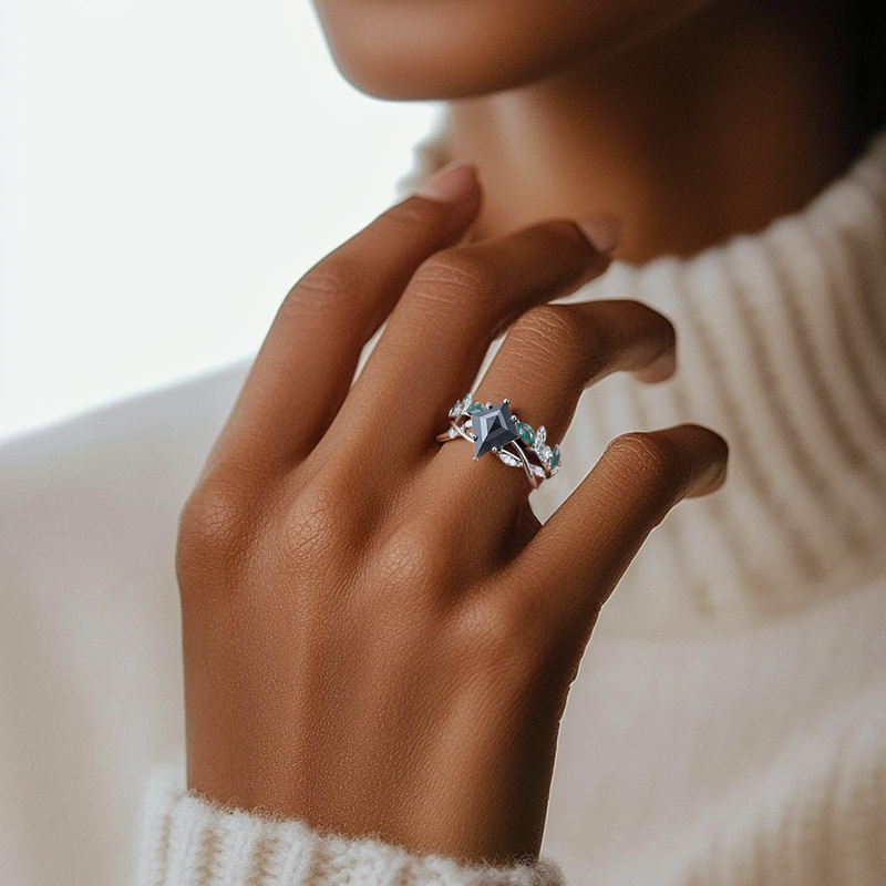 2.14CT Kite Cut Salt & Pepper Diamond with Marquise Cut Moissanite Accented S925 Silver Engagement Ring Set