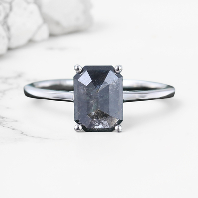 1.5CT Emerald Cut Kite Cut Salt & Pepper Diamond S925 Silver Engagement Ring