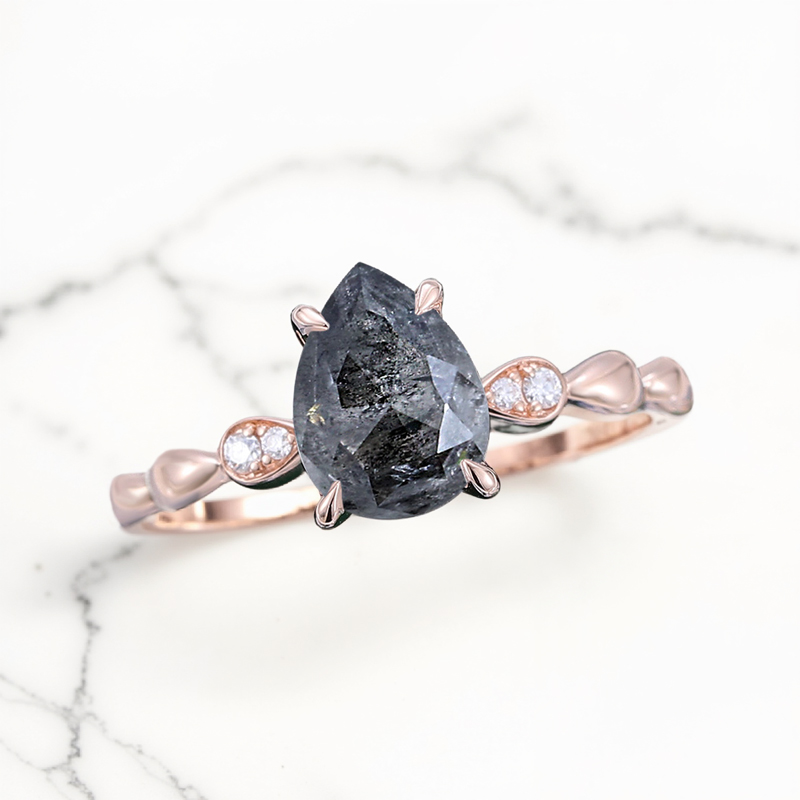 1.29CT Pear Cut Salt & Pepper Diamond with Round Cut Moissanite Accented S925 Silver Engagement Ring