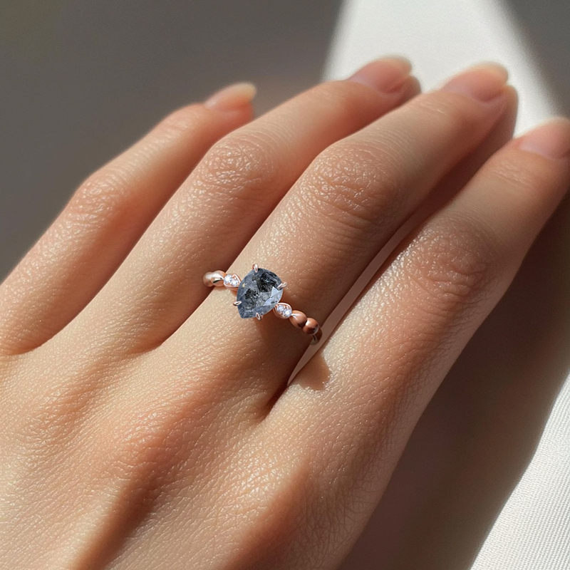 1.29CT Pear Cut Salt & Pepper Diamond with Round Cut Moissanite Accented S925 Silver Engagement Ring