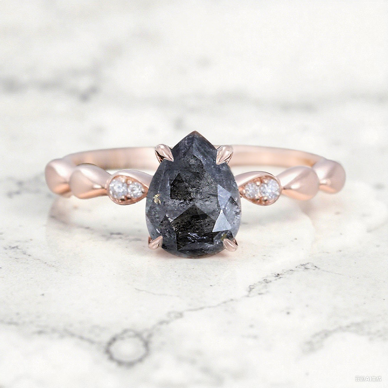 1.29CT Pear Cut Salt & Pepper Diamond with Round Cut Moissanite Accented S925 Silver Engagement Ring