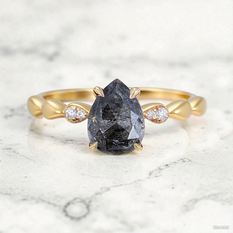 1.29CT Pear Cut Salt & Pepper Diamond with Round Cut Moissanite Accented S925 Silver Engagement Ring