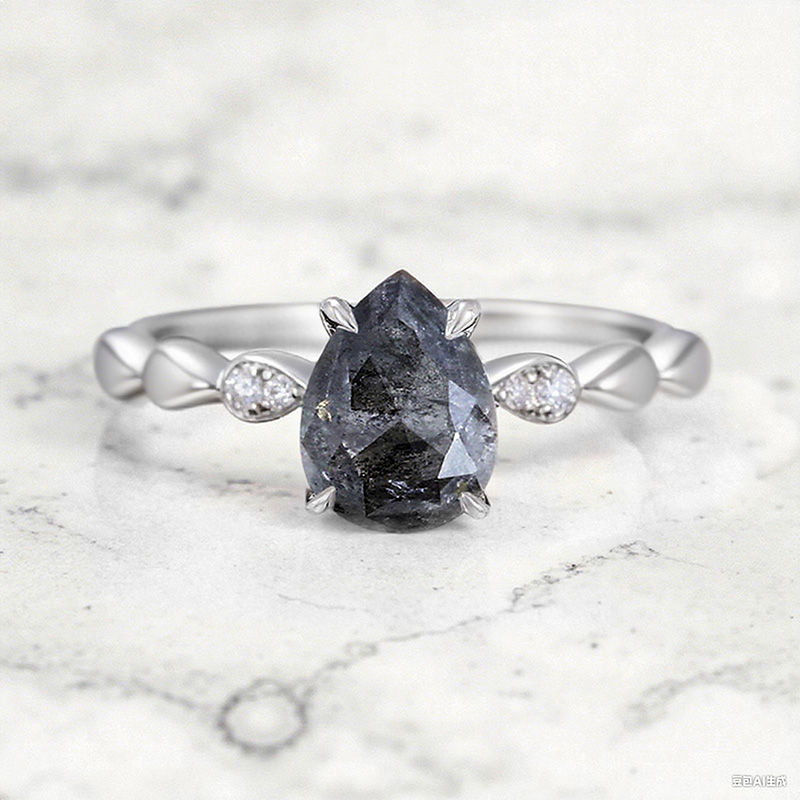 1.29CT Pear Cut Salt & Pepper Diamond with Round Cut Moissanite Accented S925 Silver Engagement Ring