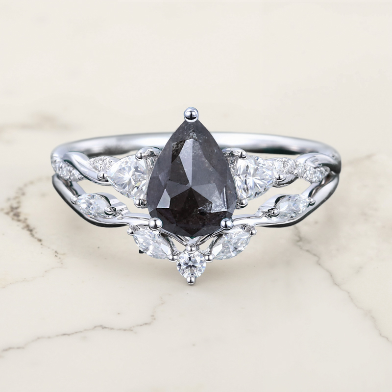1.97CT Pear Cut Salt & Pepper Diamond with Moissanite S925 Silver Engagement Ring Set
