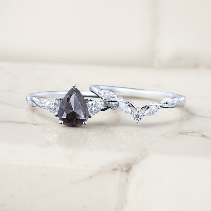 1.97CT Pear Cut Salt & Pepper Diamond with Moissanite S925 Silver Engagement Ring Set