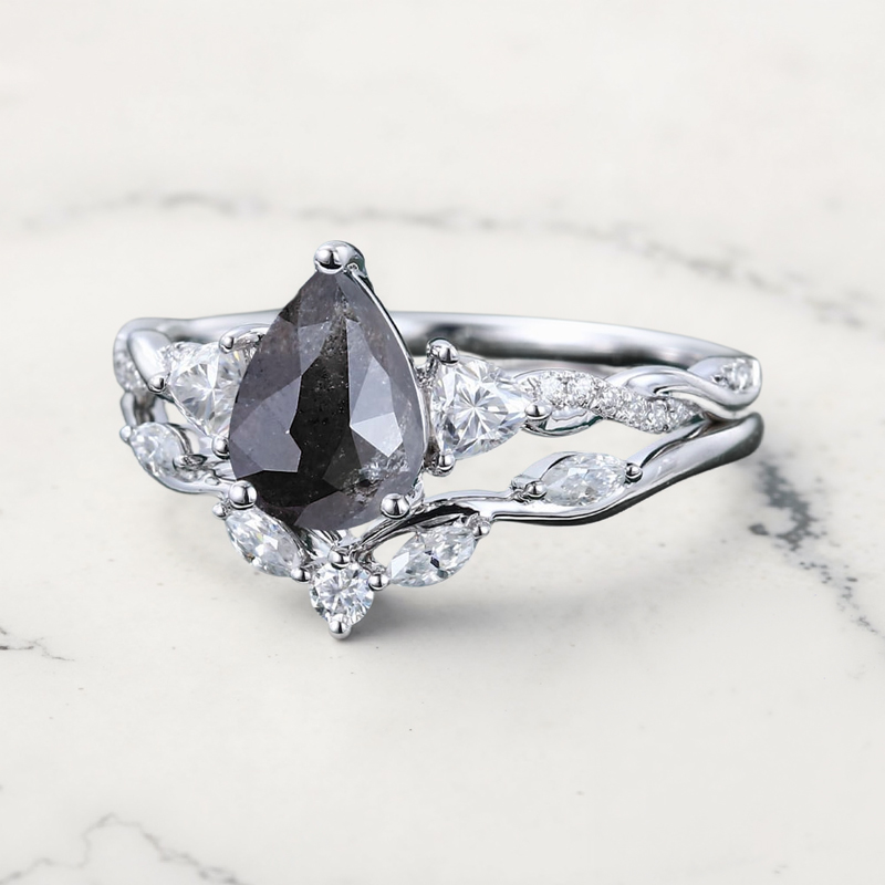1.97CT Pear Cut Salt & Pepper Diamond with Moissanite S925 Silver Engagement Ring Set