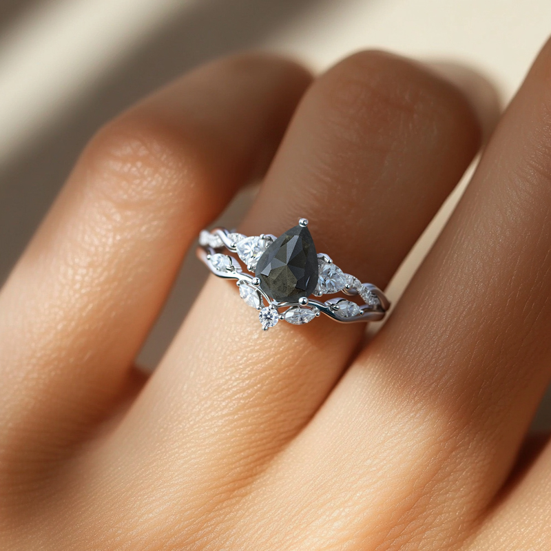 1.97CT Pear Cut Salt & Pepper Diamond with Moissanite S925 Silver Engagement Ring Set