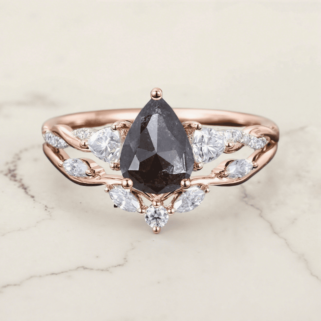 1.97CT Pear Cut Salt & Pepper Diamond with Moissanite S925 Silver Engagement Ring Set