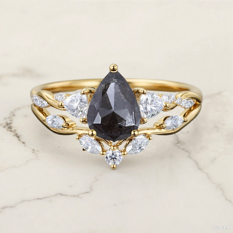 1.97CT Pear Cut Salt & Pepper Diamond with Moissanite S925 Silver Engagement Ring Set