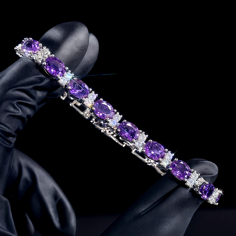 Iced Out Purple Oval Stone Bracelet in White Gold