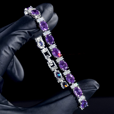 Iced Out Purple Oval Stone Bracelet in White Gold