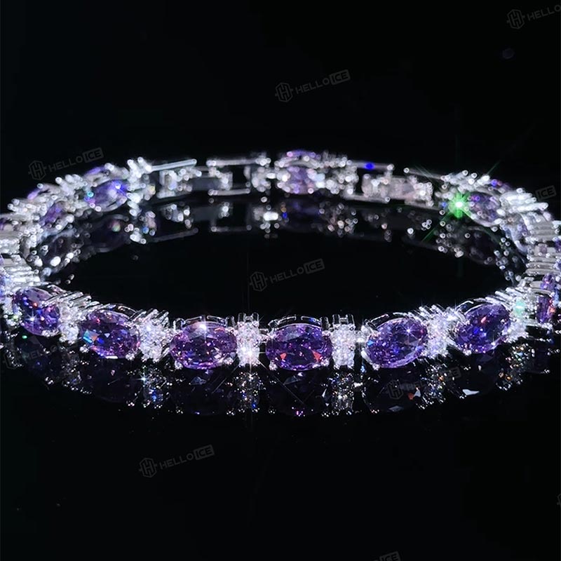 Iced Out Purple Oval Stone Bracelet in White Gold