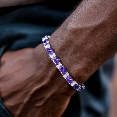 Iced Out Purple Oval Stone Bracelet in White Gold