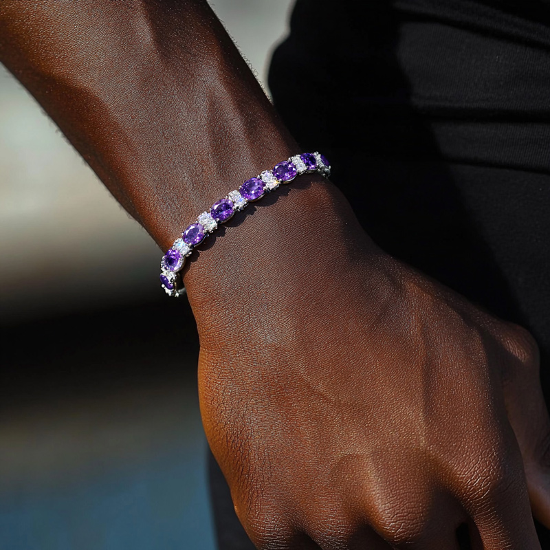 Iced Out Purple Oval Stone Bracelet in White Gold