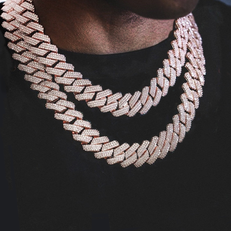 Iced Out 20mm 3-Row Handset Cuban Chain in Rose Gold
