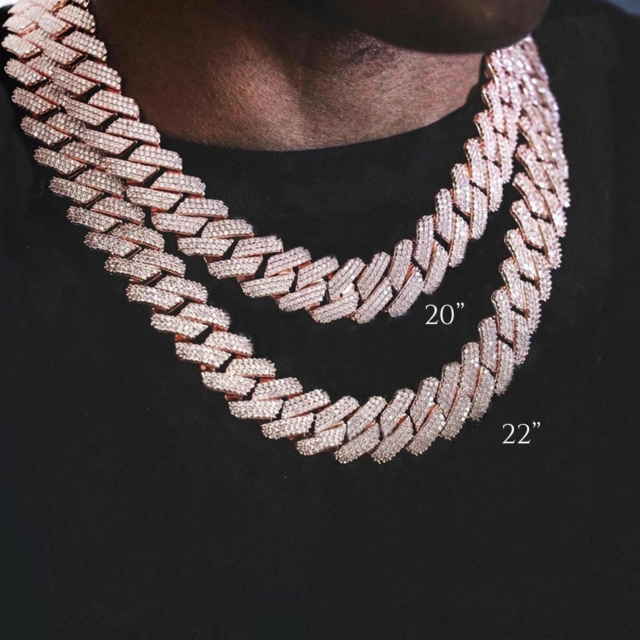 Iced Out 20mm 3-Row Handset Cuban Chain in Rose Gold