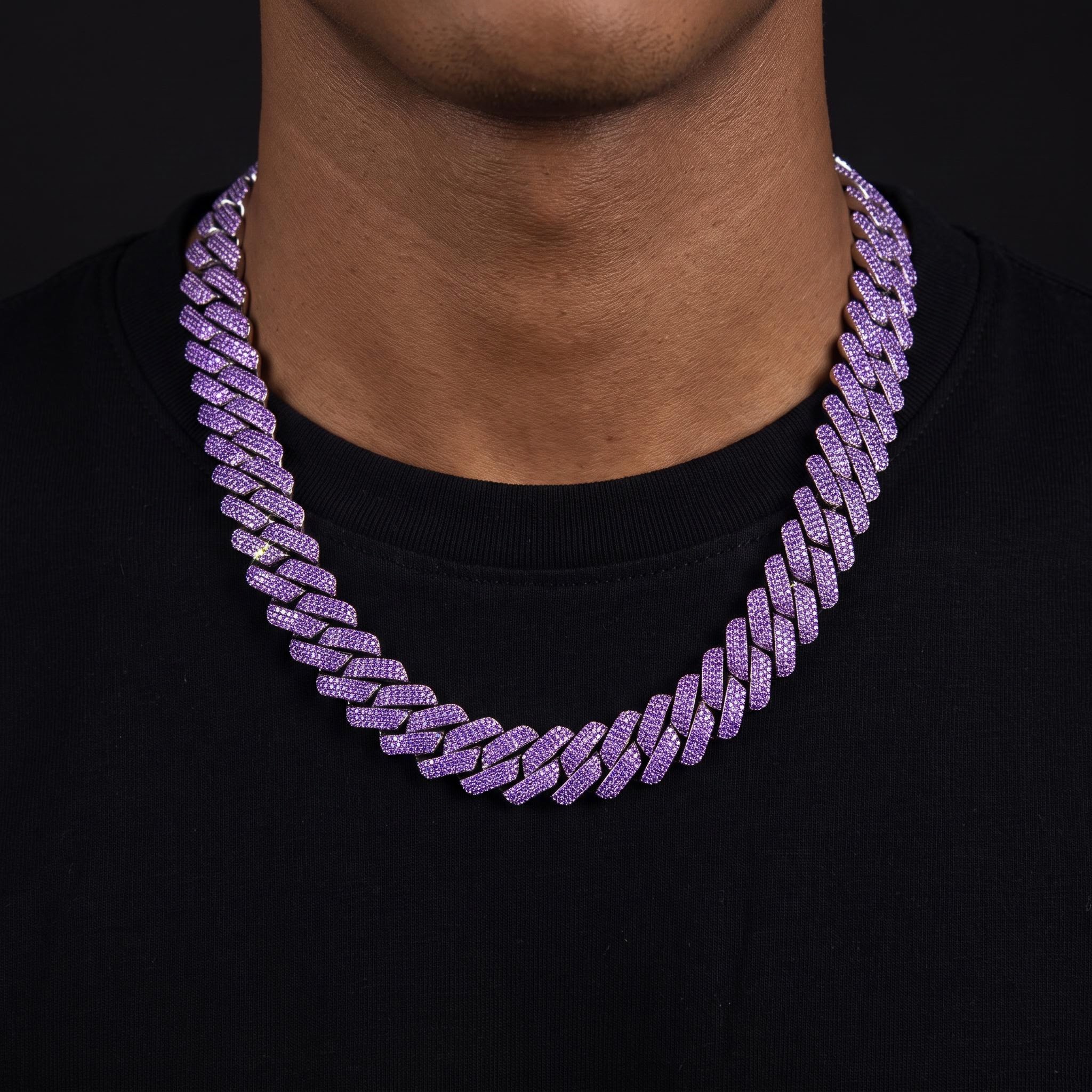 Iced Out 20mm Purple 3-Row Handset Cuban Chain Iced Out 20mm Purple 3-Row Handset Cuban Chain