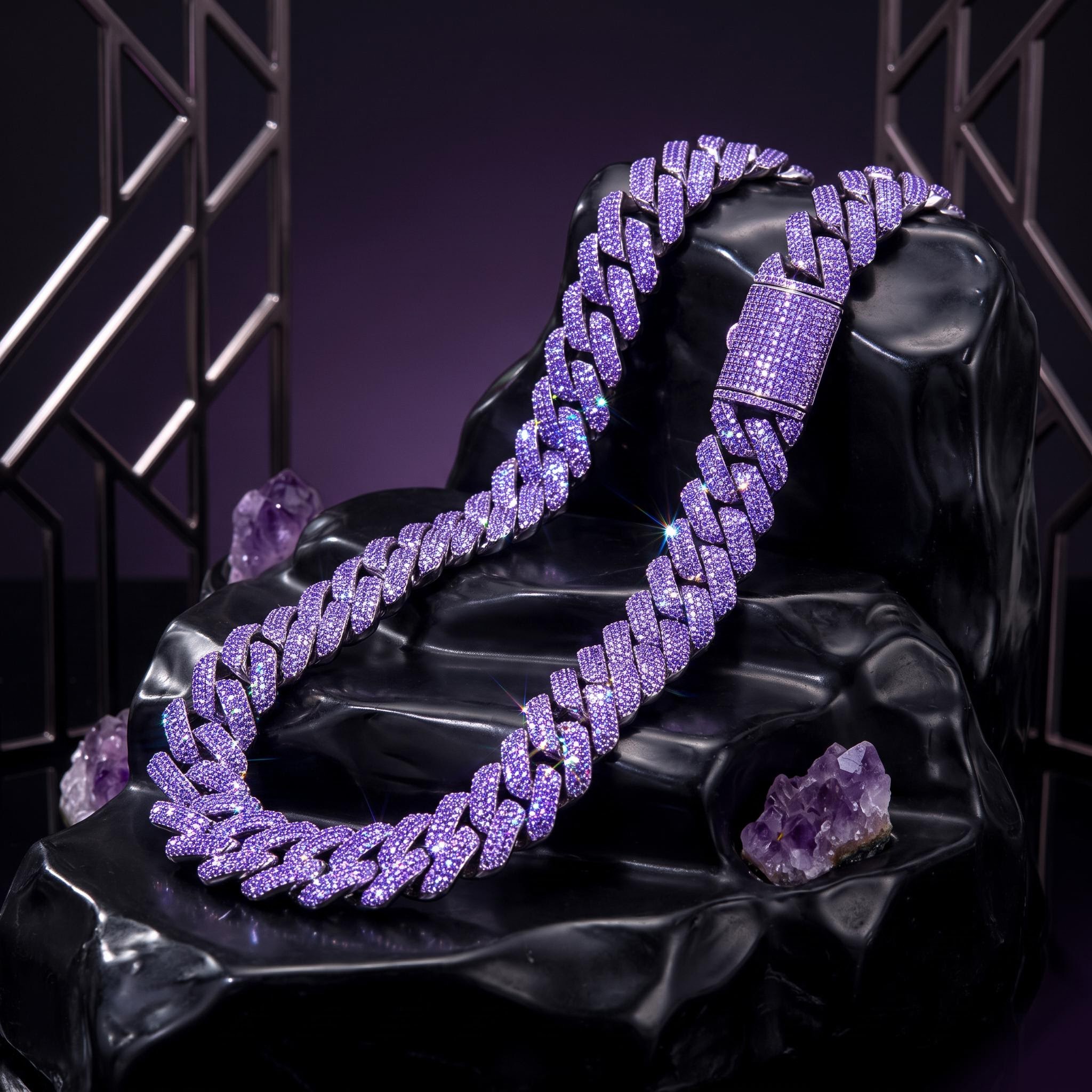 Iced Out 20mm Purple 3-Row Handset Cuban Chain Iced Out 20mm Purple 3-Row Handset Cuban Chain