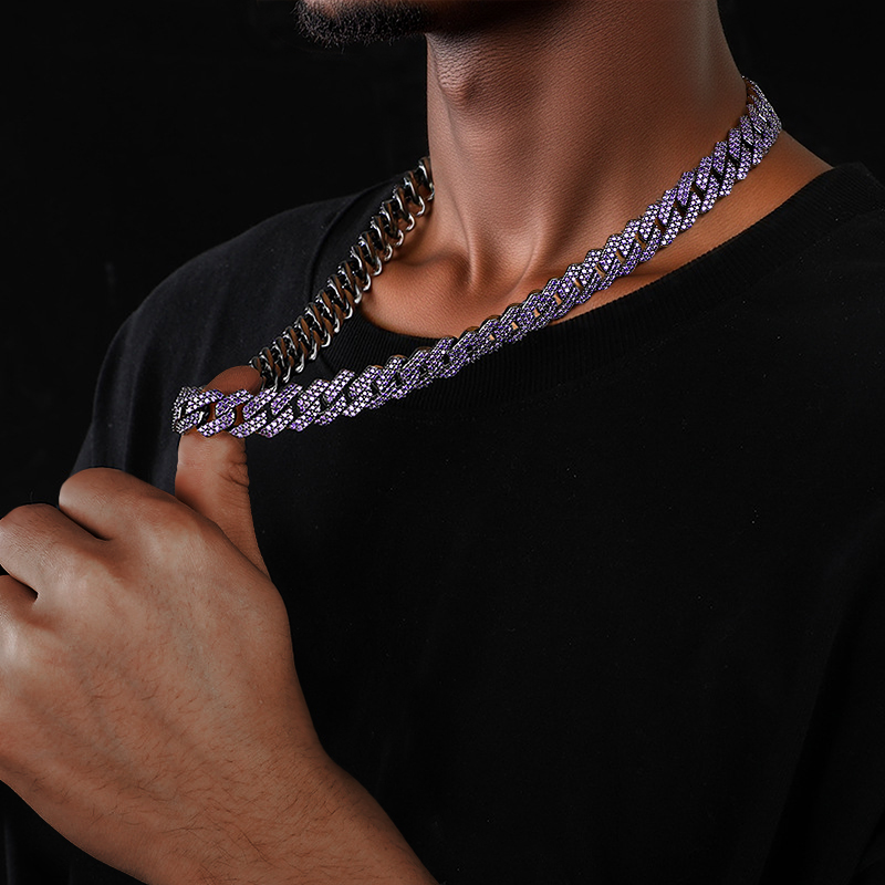 14mm 2-Row Purple Iced Handset Prong Cuban Chain