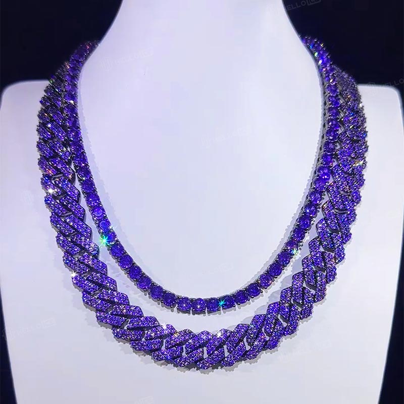 14mm 2-Row Purple Iced Handset Prong Cuban Chain