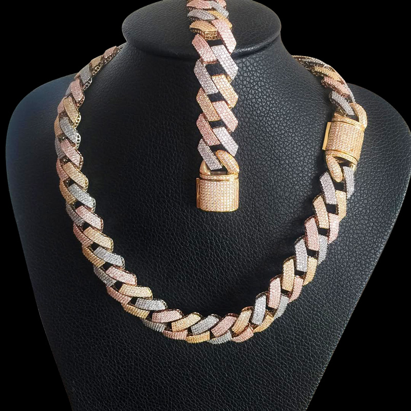 Iced 20mm 3-Row Handset Tricolor Cuban Chain