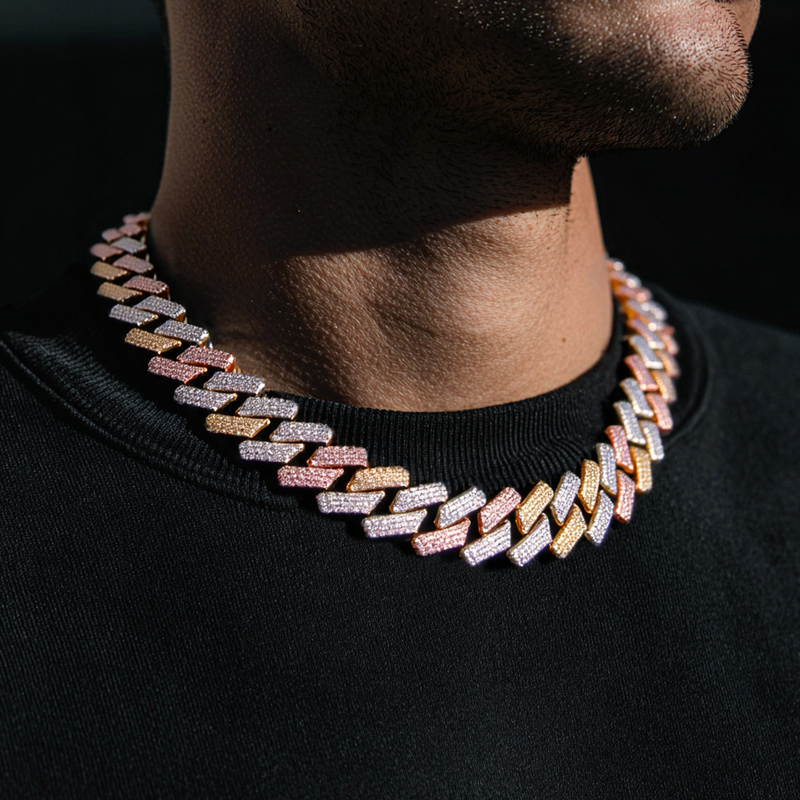 Iced 20mm 3-Row Handset Tricolor Cuban Chain