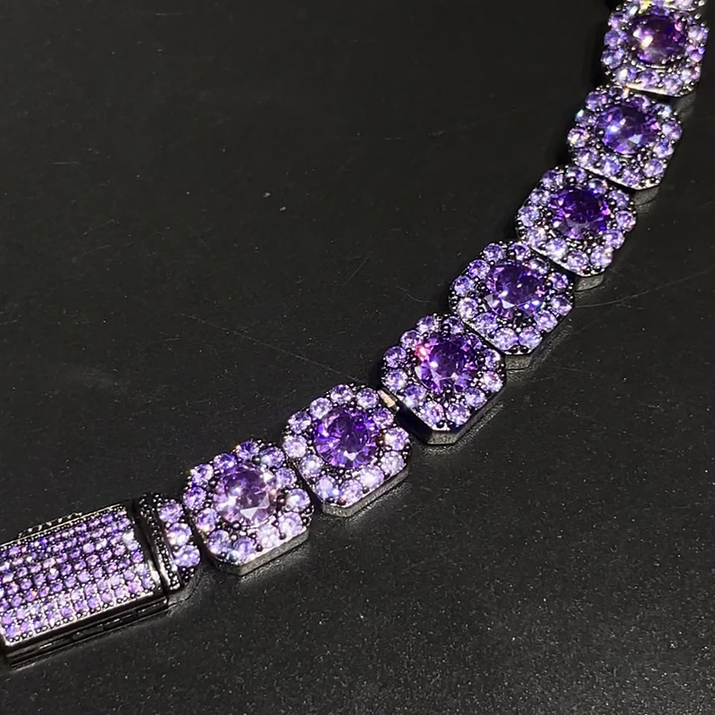 12mm Handset Purple Clustered Tennis Chain in Black Gold