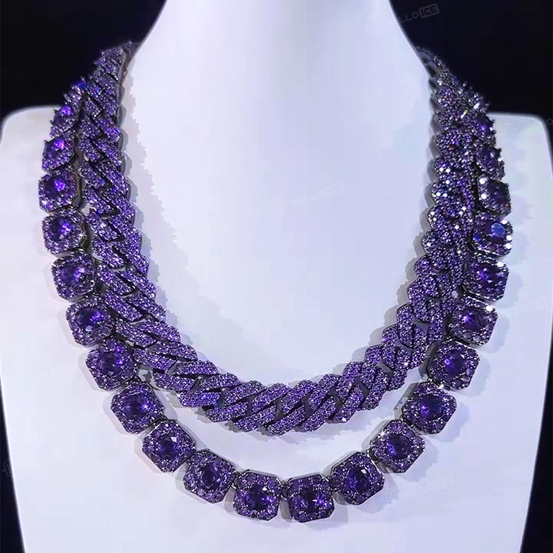 12mm Handset Purple Clustered Tennis Chain in Black Gold