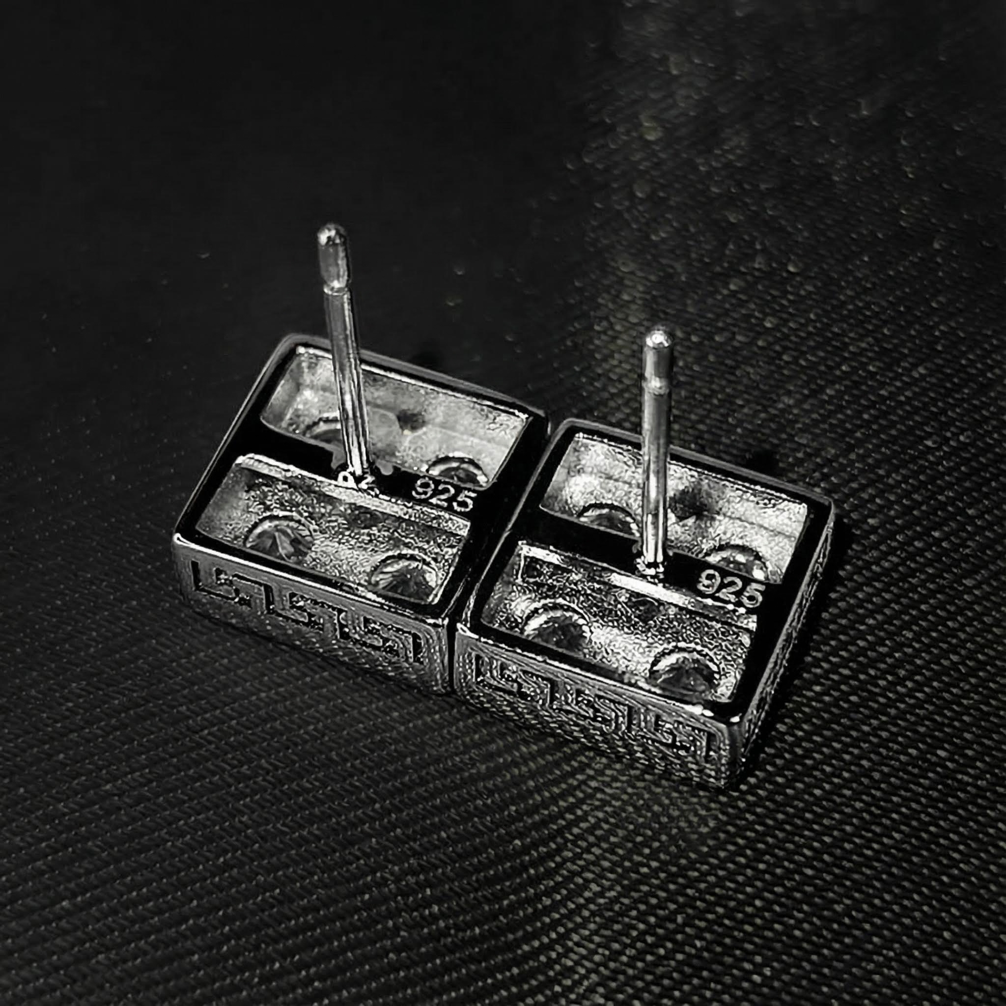 Iced Out Square Greek Key Stud Earrings