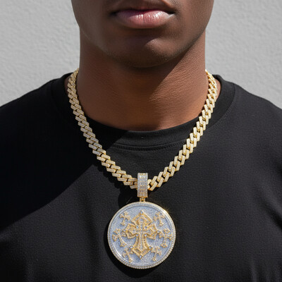 Iced Out Diamond Cross Disc Pendant