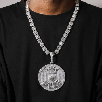 Iced Out Crown Heart Baguette Large Custom Name Disc Pendant Iced Out Crown Heart Baguette Large Custom Name Disc Pendant