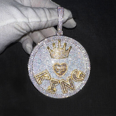 Iced Out Crown Heart Baguette Large Custom Name Disc Pendant