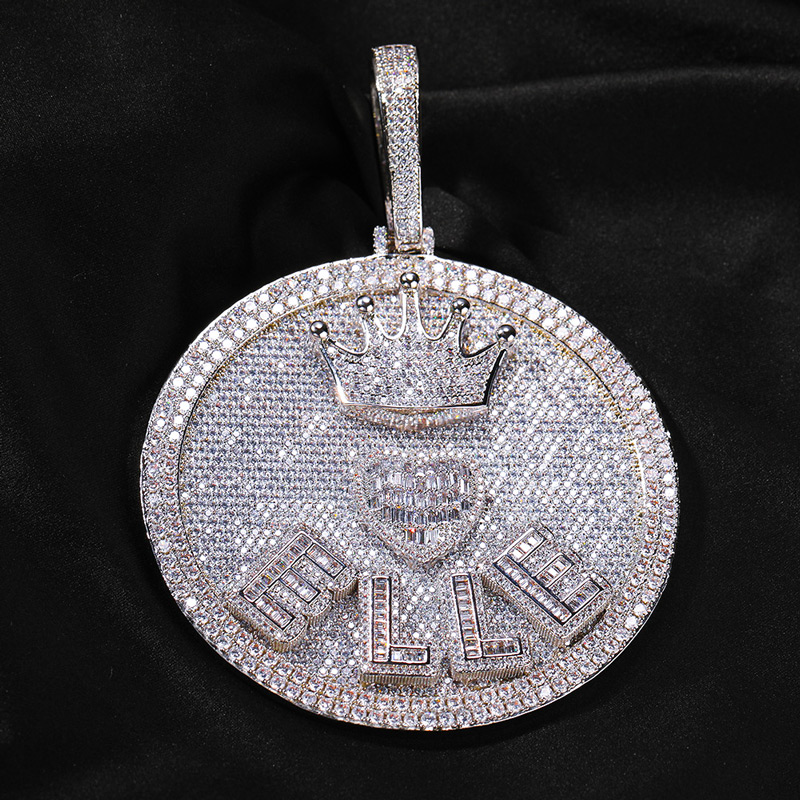 Iced Out Crown Heart Baguette Large Custom Name Disc Pendant