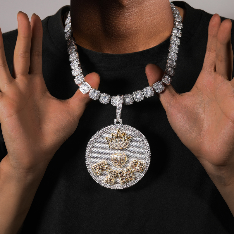 Iced Out Crown Heart Baguette Large Custom Name Disc Pendant