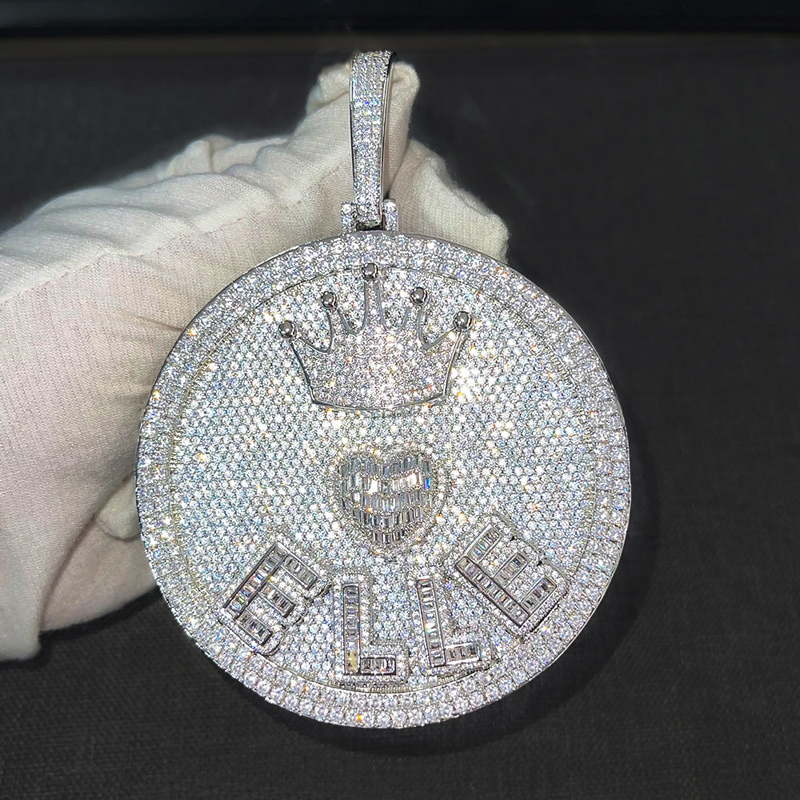 Iced Out Crown Heart Baguette Large Custom Name Disc Pendant