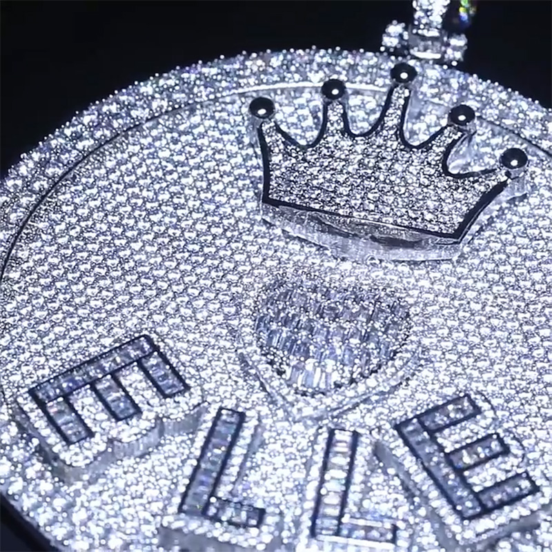 Iced Out Crown Heart Baguette Large Custom Name Disc Pendant