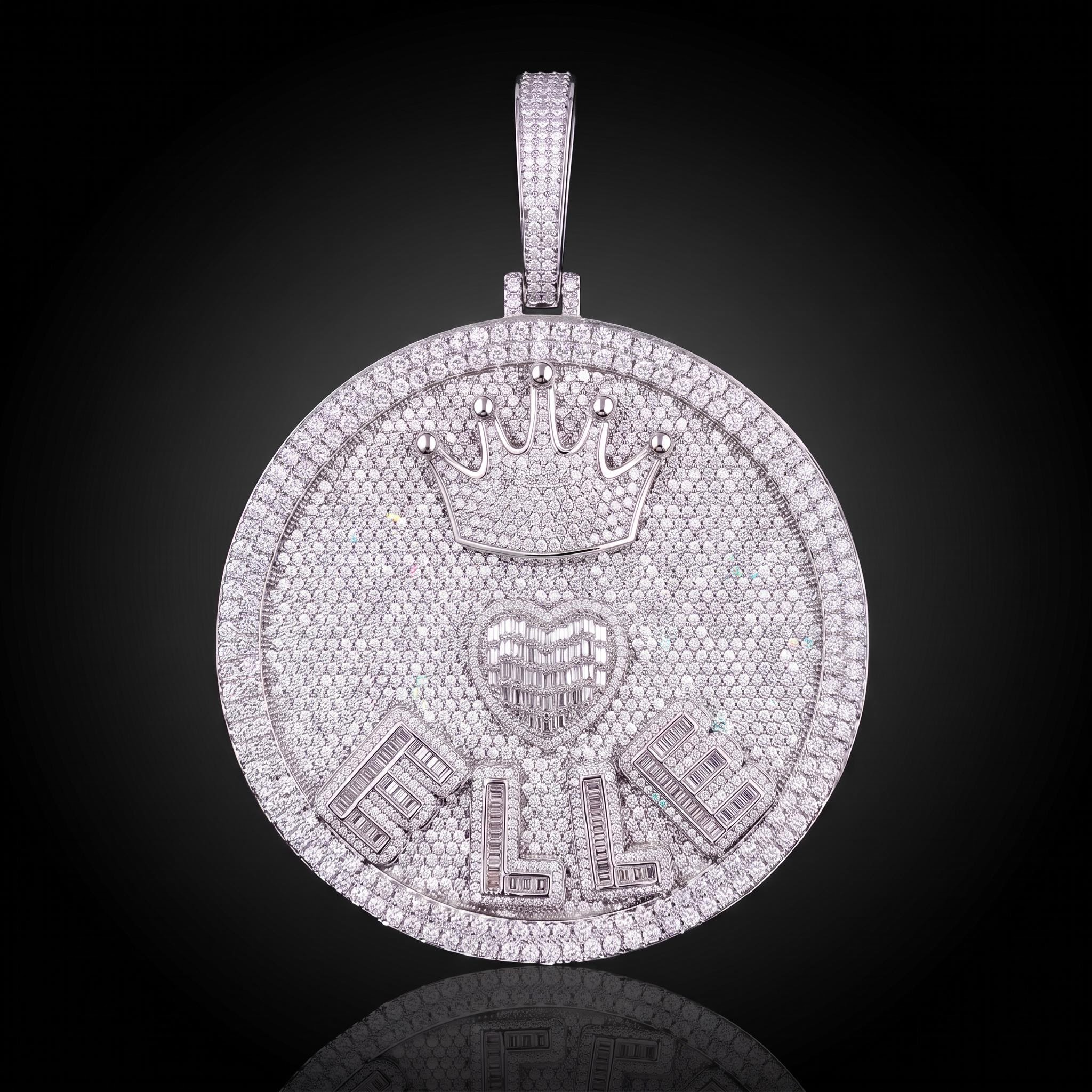 Iced Out Crown Heart Baguette Large Custom Name Disc Pendant