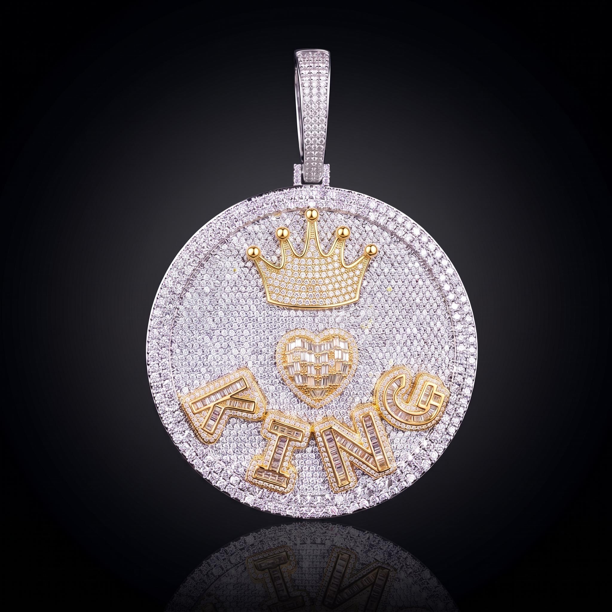 Iced Out Crown Heart Baguette Large Custom Name Disc Pendant