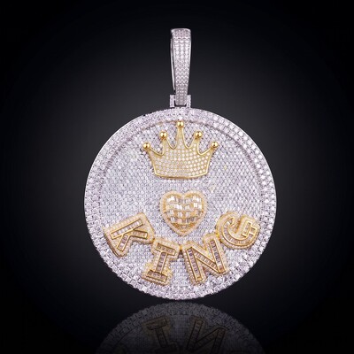 Iced Out Crown Heart Baguette Large Custom Name Disc Pendant