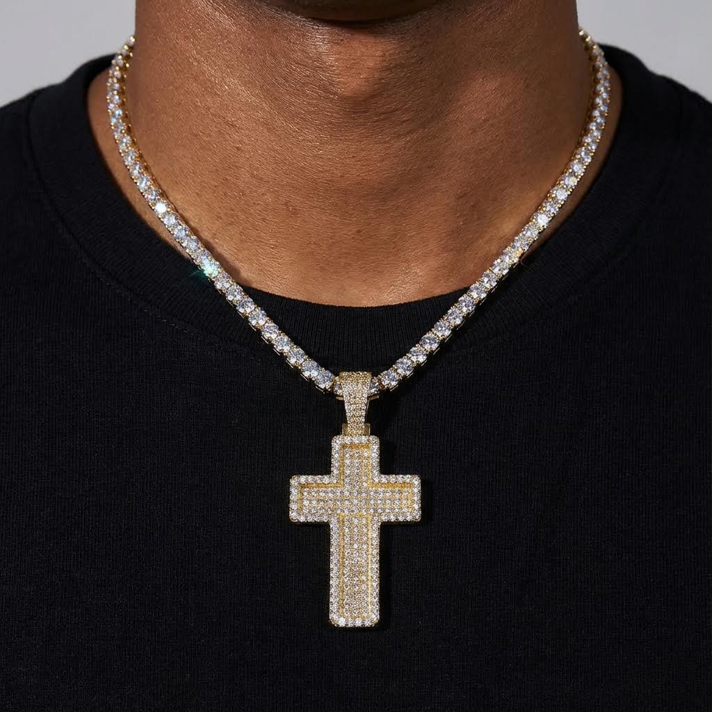Iced Out Paved Mosaic Cross Pendant Iced Out Paved Mosaic Cross Pendant