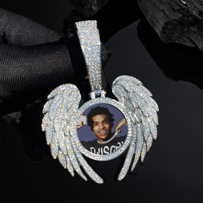 Iced Out Angel Wings Round Memory Photo Pendant Iced Out Angel Wings Round Memory Photo Pendant