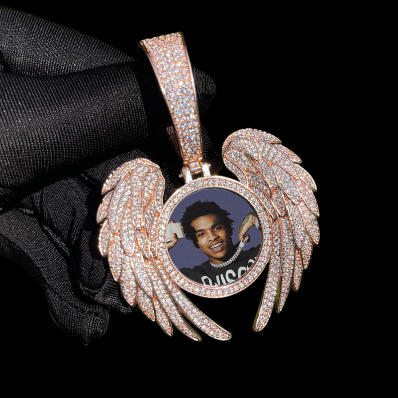 Iced Out Angel Wings Round Memory Photo Pendant