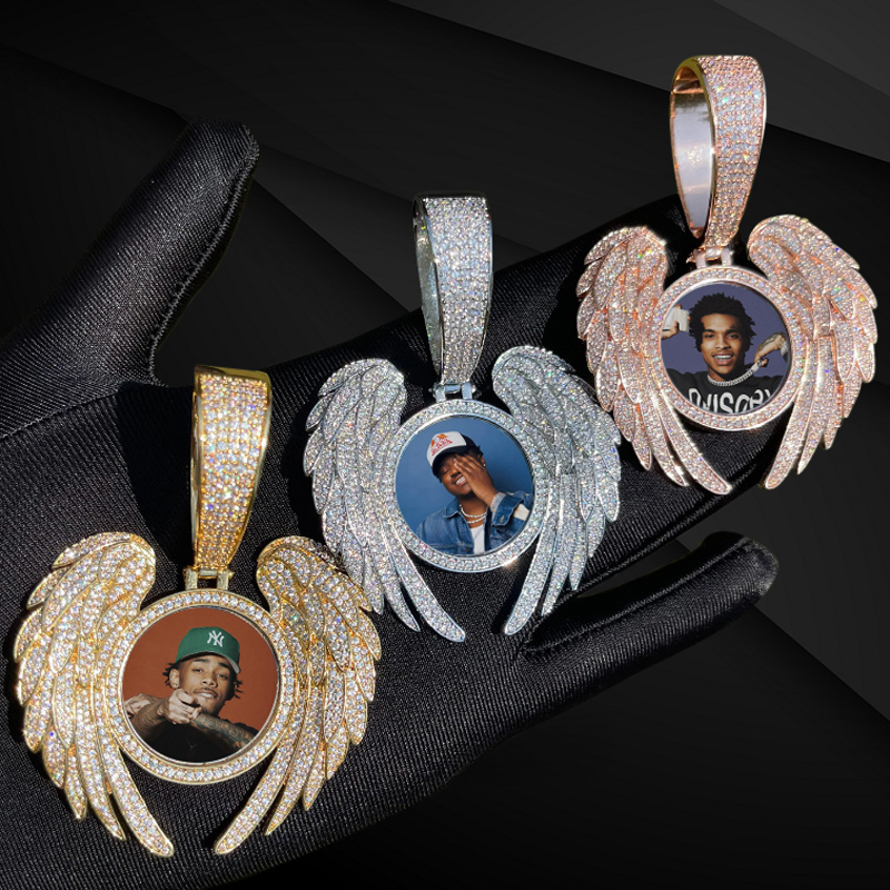 Iced Out Angel Wings Round Memory Photo Pendant